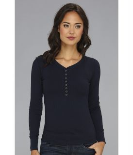 Gabriella Rocha Thermal Long Sleeve Top w/ Buttons Womens Clothing (Navy)