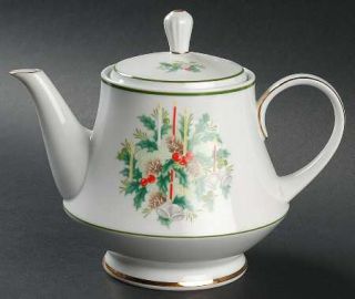 Noritake Holly Teapot & Lid, Fine China Dinnerware   Green & Gold Bands,Candles,