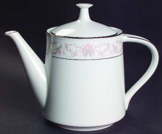 Noritake Harwyn Teapot & Lid, Fine China Dinnerware   Pink, Gray, White Leaves A