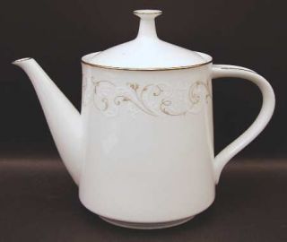 Noritake Duetto Teapot & Lid, Fine China Dinnerware   Gold & White Scrolls Borde
