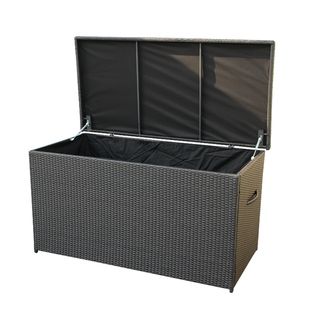 Modena Resin Wicker Cushion Storage Box (Dark brownMaterials: Resin wicker, aluminumFinish: All weather resin wickerWeather resistantUV protectionExternal dimensions: 33 inches high x 63 inches wide x 31 inches deepInternal dimensions: 28 inches high x 59