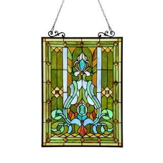 Tiffany style Victorian Design Window Art Glass Panel (Green/ blue/ amberMaterials: Metal/ art glass Pattern: Tree of Life Glass: Art glass Dimensions: 25.51 inches tall x 17.76 inches wide x 0.25 inch deep Assembly: Mounting hardware included )