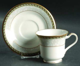 Noritake Langsdale Footed Cup & Saucer Set, Fine China Dinnerware   Leaf Border,