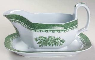 Spode Fitzhugh Green Gravy Boat with Attached Underplate, Fine China Dinnerware