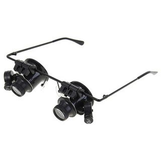 High Quality Binocular Magnifier 20x Glasses/ Led Light (BlackMaterials: Plastic, glass, electrical componentsPowered supply: 4 x CR1620 battery (included) Dimensions: 6 inches long x 2 inches wide x 2 inches highMagnifying power: 20xAdjustable LED lightL