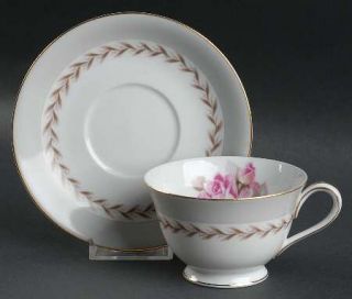 Noritake Rosemont Footed Cup & Saucer Set, Fine China Dinnerware   Gray Rim,Pink