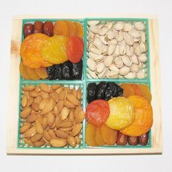 Sunshine Dried Fruit And Nuts Gift Crate (TanType of basket: Wood crateDescriptions: Plums, pistachios, almonds and almond rolls, peaches and datesWeight: 4 pounds Freshness: 45 daysNumber of Items: Two (2) pounds of assorted fruitDue to the perishable na
