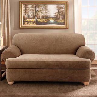 Sure Fit Stretch Stripe T Cushion Two Piece Loveseat Slipcover Sand   37728