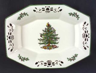 Spode Christmas Tree Green Trim 14 Octagonal Pierced Dish, Fine China Dinnerwar