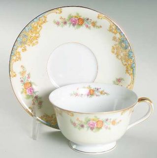 Noritake N76 Footed Cup & Saucer Set, Fine China Dinnerware   Blue Border, Tan S