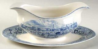 Johnson Brothers Historic America Blue Gravy Boat with Attached Underplate, Fine
