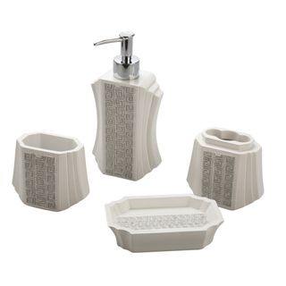 Jovi Home Greek Key Bath Accessory 4 piece Set (White/SilverRust freeSpot clean onlyDimensions:Lotion dispenser: 8.07 inches high x 3.86 inches wide x 2.09 inches deep (holds up to 360 ml)Toothbrush holder: 3.43 inches high x 3.86 inches wide x 2.09 inche