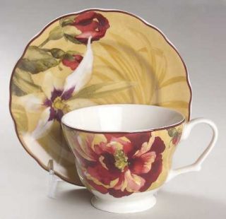 222 Fifth (PTS) Belize Footed Cup & Saucer Set, Fine China Dinnerware   Red / Wh
