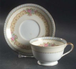 Noritake Juno Footed Cup & Saucer Set, Fine China Dinnerware   Blue & Tan Band,F