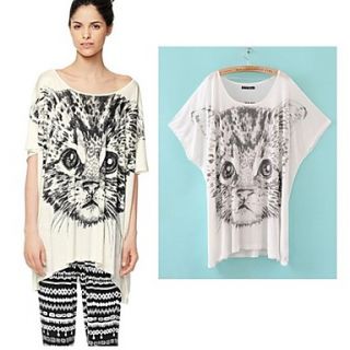 Womens Round Neck Batwing Sleeve Cat Printed Graphic Loose T shirts