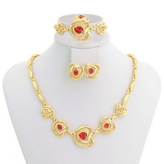 Lovely Red Heart Crystal Gold Plated Party Jewelry Setincluding Necklace,Bracelet,Ring,Earrings