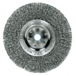 Trulock 8 inch Narrow face Crimped Wire Wheel (0.0140 inchArbor Diameter: 5/8 inchFace Width: 3/4 inchFace Plate Thickness: 1/2 inchTrim Length: 2 1/16 inchSpeed: 6000 rpm [Max]Applications: Cleaning rust, scale and dirt, light deburring, edge blending, r