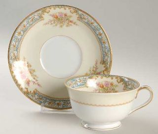 Noritake Alexis Footed Cup & Saucer Set, Fine China Dinnerware   Leaves/Blue Ban