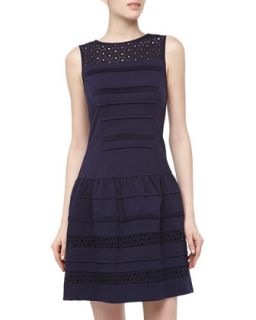 Sleeveless Eyelet Lace Fit and Flare Stretch Dress, Navy
