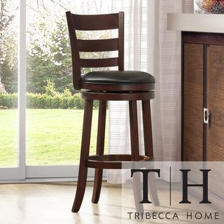 Tribecca Home Verona Espresso Ladder Back Swivel 29 inch Barstool (Asian rubberwoodFinish EspressoUpholstery materials Faux leatherUpholstery color BlackHardware finish Zinc Seat height 29 inches Top seat swivels 360 degrees Dimension 43 inches high
