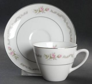 Mikasa First Love Flat Cup & Saucer Set, Fine China Dinnerware   Pink Roses,Gray