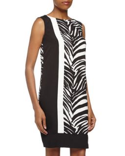 Sleeveless Colorblock Zebra Crepe Dress, Black/White